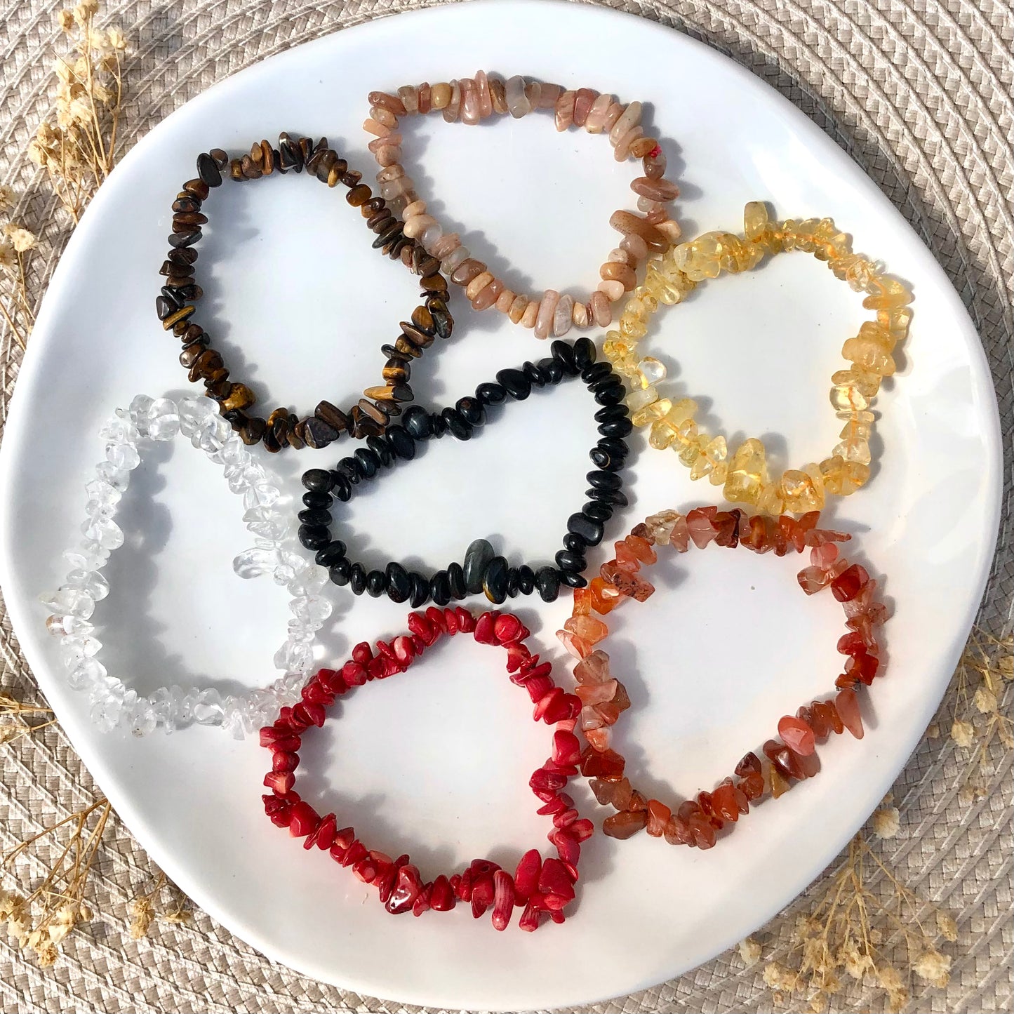 Pulseras de Chips - Citrino, Carneola, Coral, Ojo de Tigre, Cuarzo, Turmalina, Piedra Sol