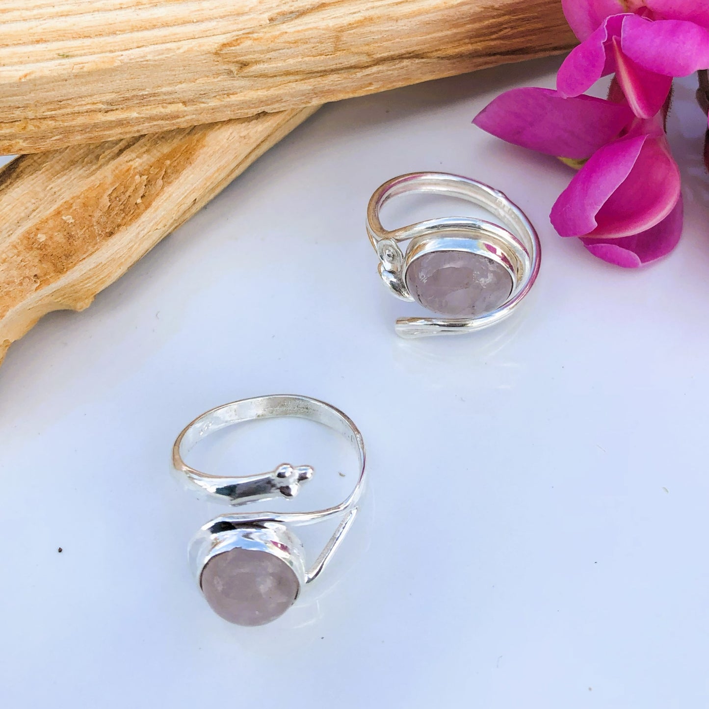 Anillos de Cuarzo Rosa y Plata de Ley - Ajustables