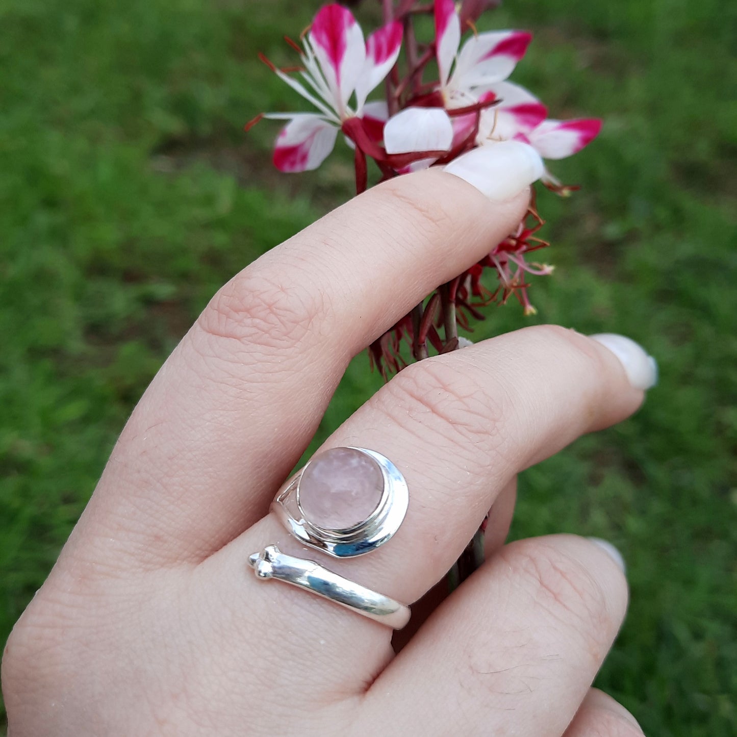 Anillos de Cuarzo Rosa y Plata de Ley - Ajustables